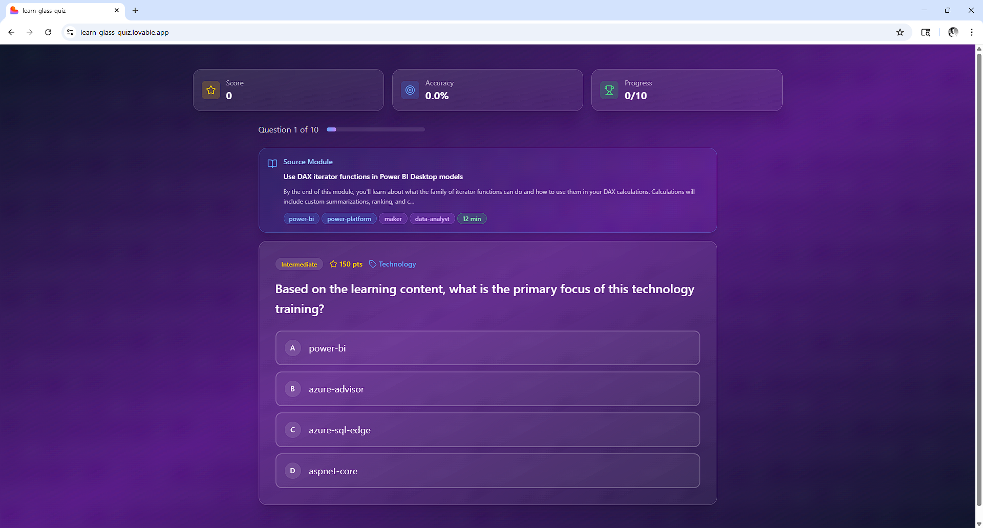 Screenshot of Microsoft Learn Quiz